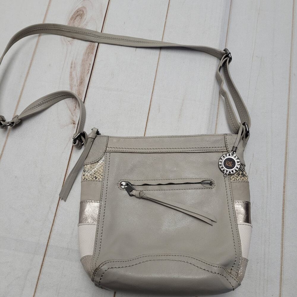 The Sak gray leather crossbody patchwork purse bag zip top snakeskin printed